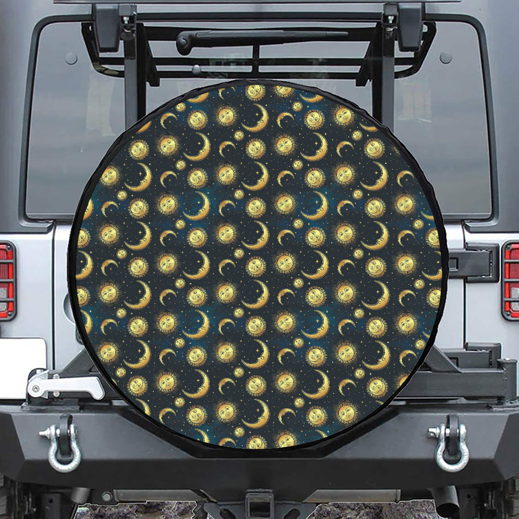 Vintage Moon And Sun Pattern Print Leather Spare Tire Cover