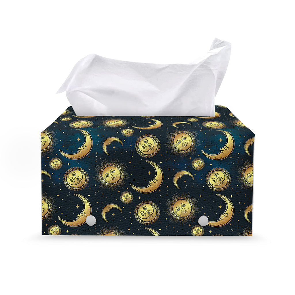 Vintage Moon And Sun Pattern Print Leather Tissue Box Cover
