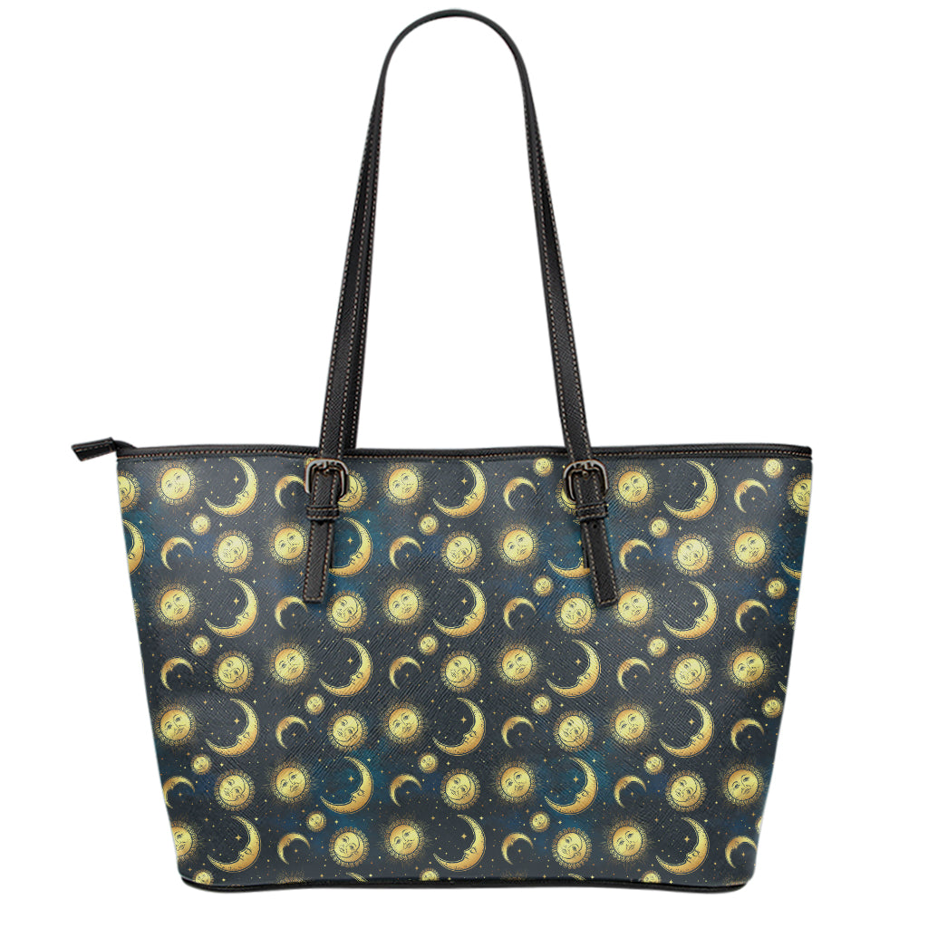 Vintage Moon And Sun Pattern Print Leather Tote Bag
