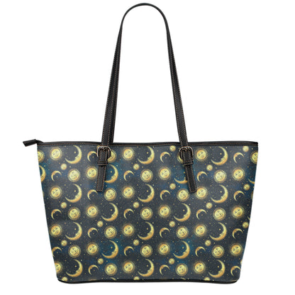 Vintage Moon And Sun Pattern Print Leather Tote Bag