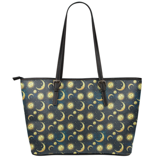 Vintage Moon And Sun Pattern Print Leather Tote Bag