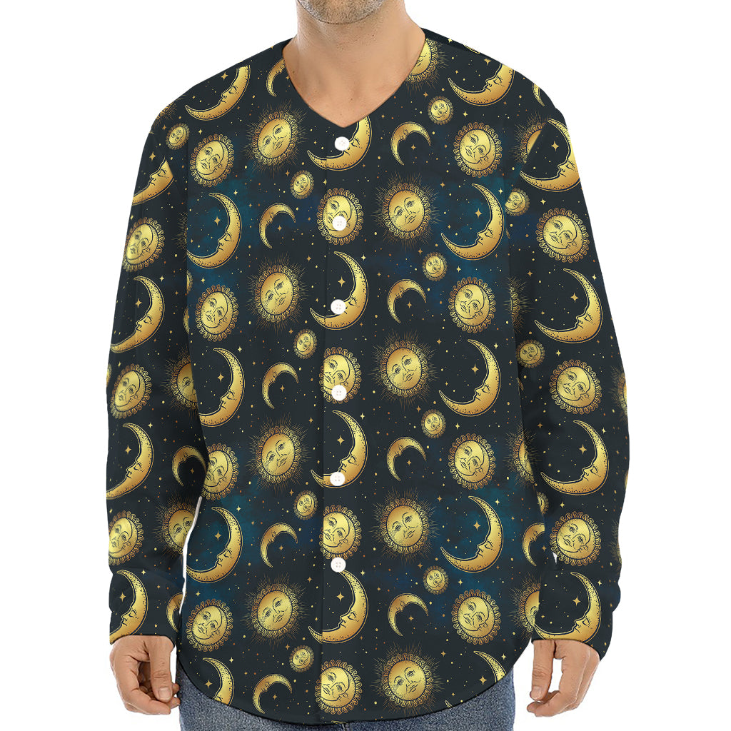 Vintage Moon And Sun Pattern Print Long Sleeve Baseball Jersey