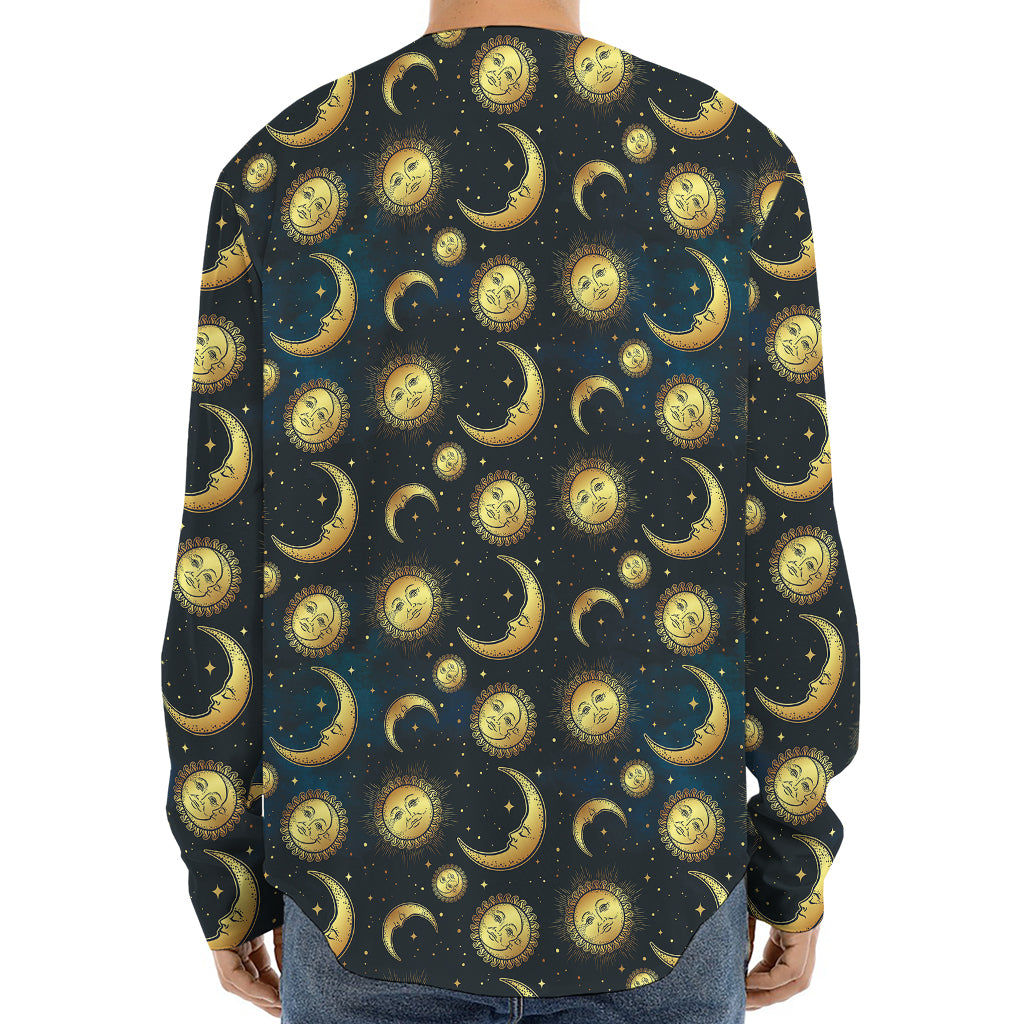 Vintage Moon And Sun Pattern Print Long Sleeve Baseball Jersey