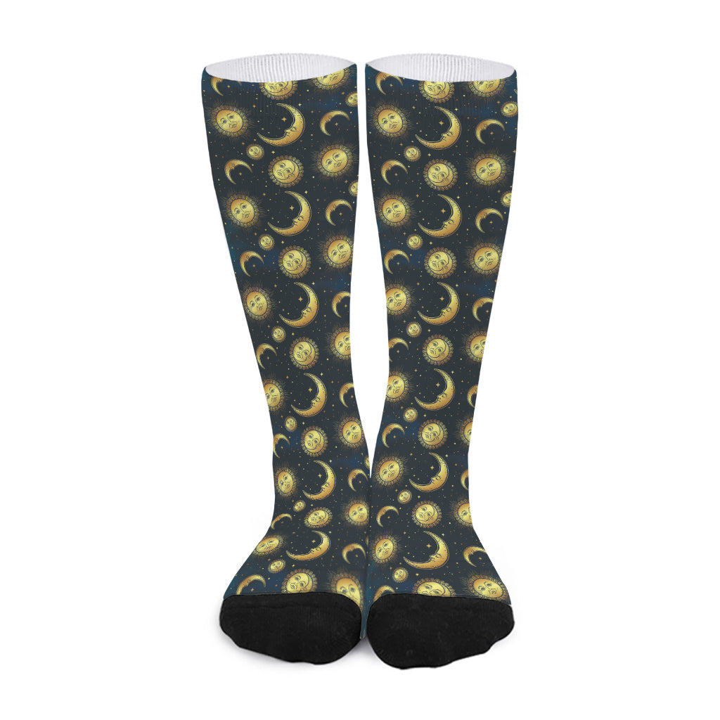 Vintage Moon And Sun Pattern Print Long Socks