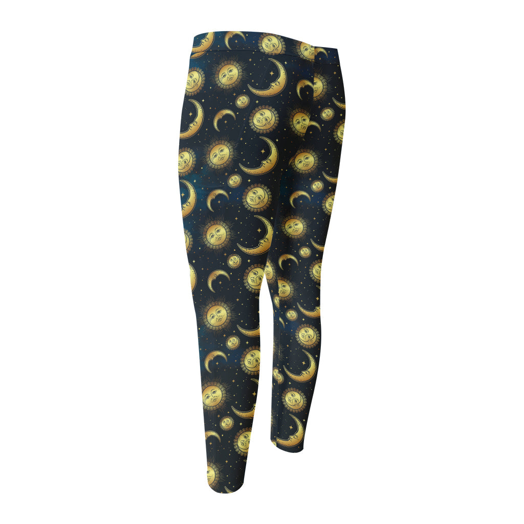 Vintage Moon And Sun Pattern Print Men's Compression Pants