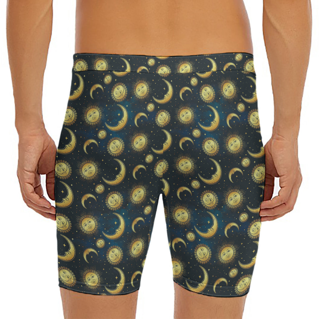 Vintage Moon And Sun Pattern Print Men's Long Boxer Briefs