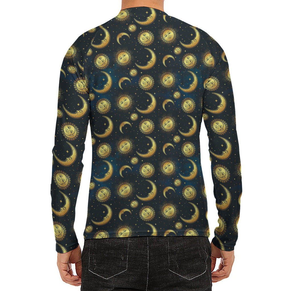 Vintage Moon And Sun Pattern Print Men's Long Sleeve Rash Guard