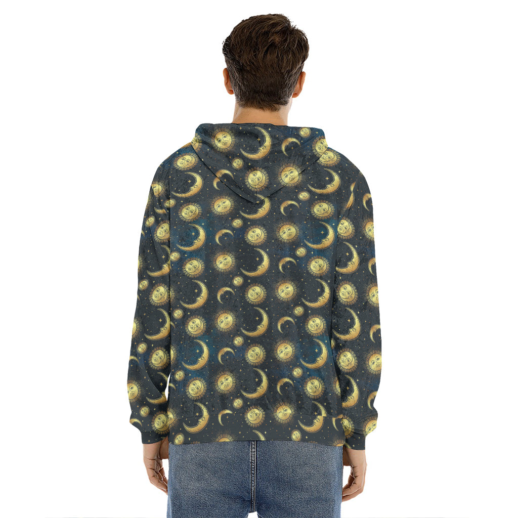 Vintage Moon And Sun Pattern Print Men's Velvet Pullover Hoodie