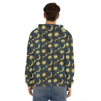 Vintage Moon And Sun Pattern Print Men's Velvet Pullover Hoodie