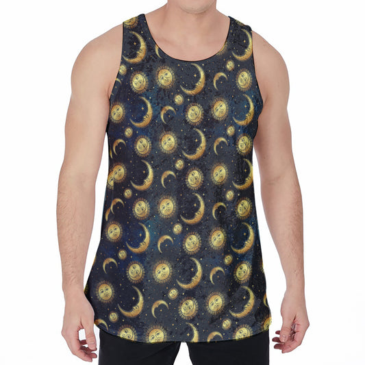 Vintage Moon And Sun Pattern Print Men's Velvet Tank Top