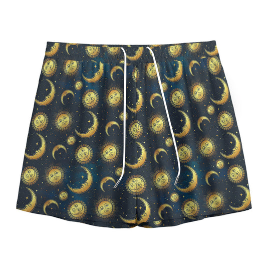 Vintage Moon And Sun Pattern Print Mesh Shorts