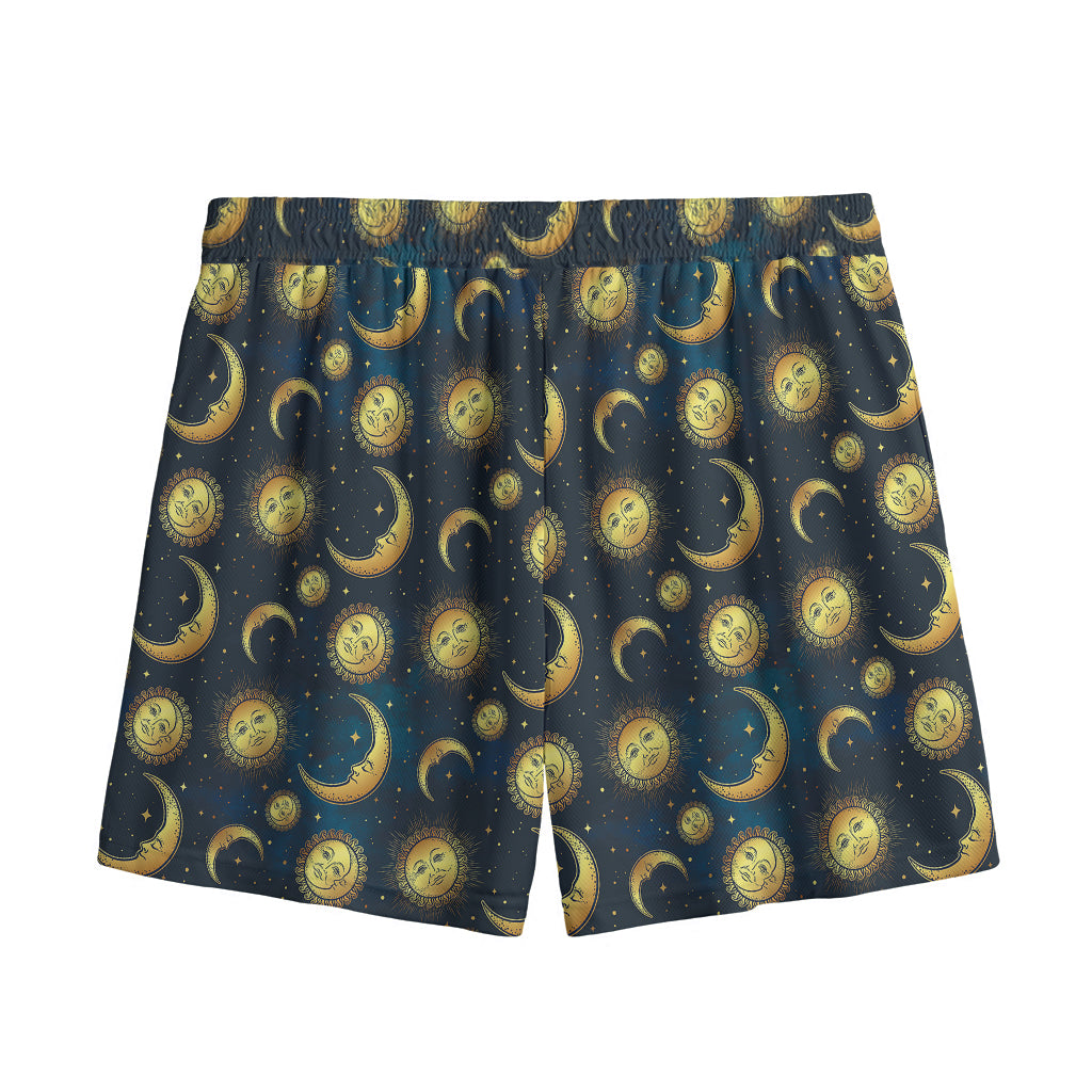 Vintage Moon And Sun Pattern Print Mesh Shorts