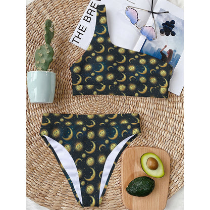 Vintage Moon And Sun Pattern Print One Shoulder Bikini Top