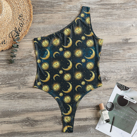 Vintage Moon And Sun Pattern Print One Shoulder Bodysuit