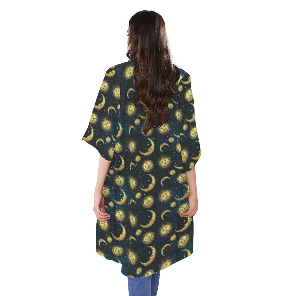 Vintage Moon And Sun Pattern Print Open Front Beach Cover Up