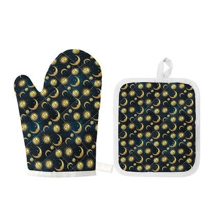 Vintage Moon And Sun Pattern Print Oven Mitt And Pot Holder Set