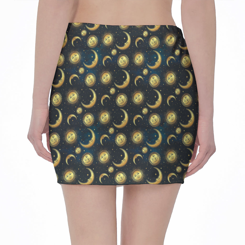 Vintage Moon And Sun Pattern Print Pencil Mini Skirt