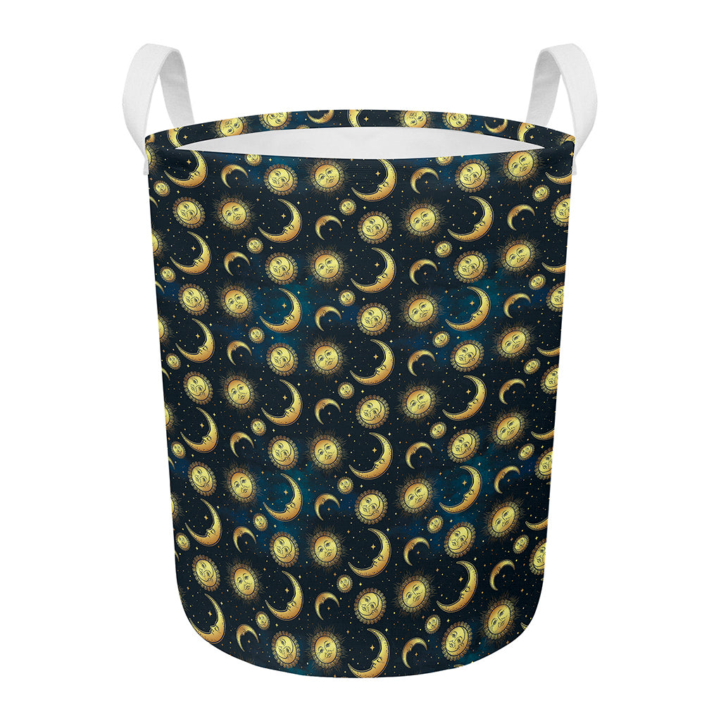 Vintage Moon And Sun Pattern Print Round Laundry Basket