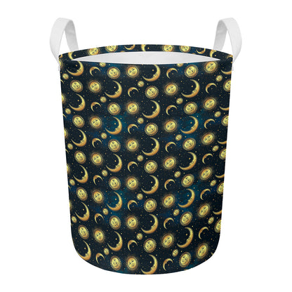 Vintage Moon And Sun Pattern Print Round Laundry Basket