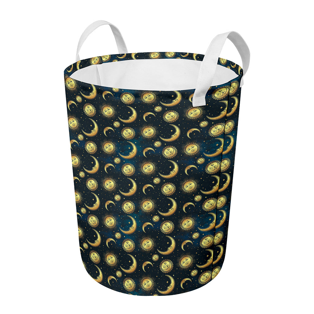 Vintage Moon And Sun Pattern Print Round Laundry Basket