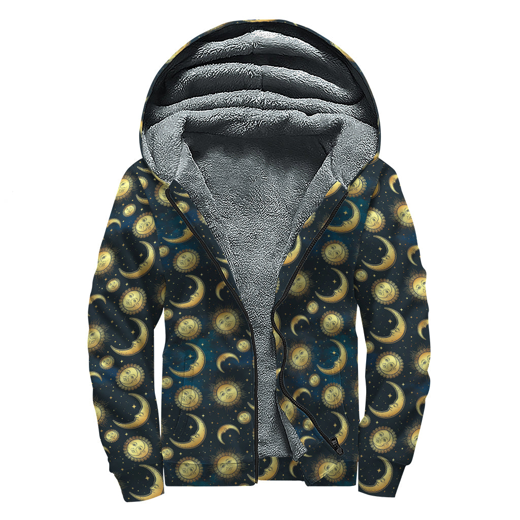 Vintage Moon And Sun Pattern Print Sherpa Lined Zip Up Hoodie