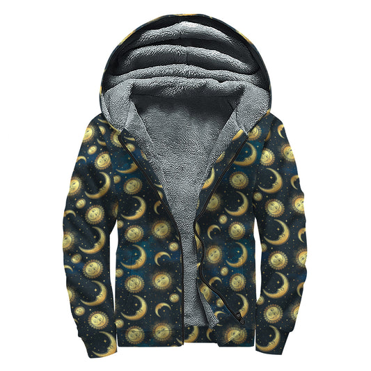 Vintage Moon And Sun Pattern Print Sherpa Lined Zip Up Hoodie