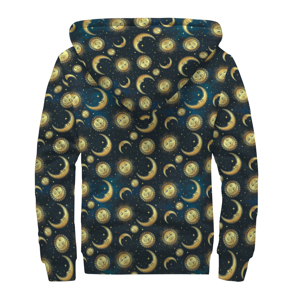 Vintage Moon And Sun Pattern Print Sherpa Lined Zip Up Hoodie