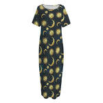Vintage Moon And Sun Pattern Print Short Sleeve Long Nightdress