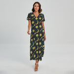 Vintage Moon And Sun Pattern Print Short Sleeve Maxi Dress