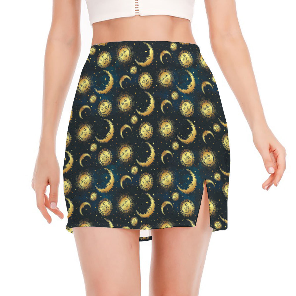 Vintage Moon And Sun Pattern Print Side Slit Mini Skirt