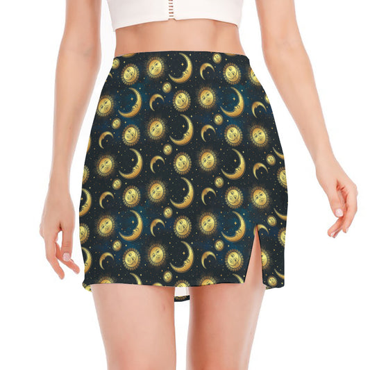 Vintage Moon And Sun Pattern Print Side Slit Mini Skirt