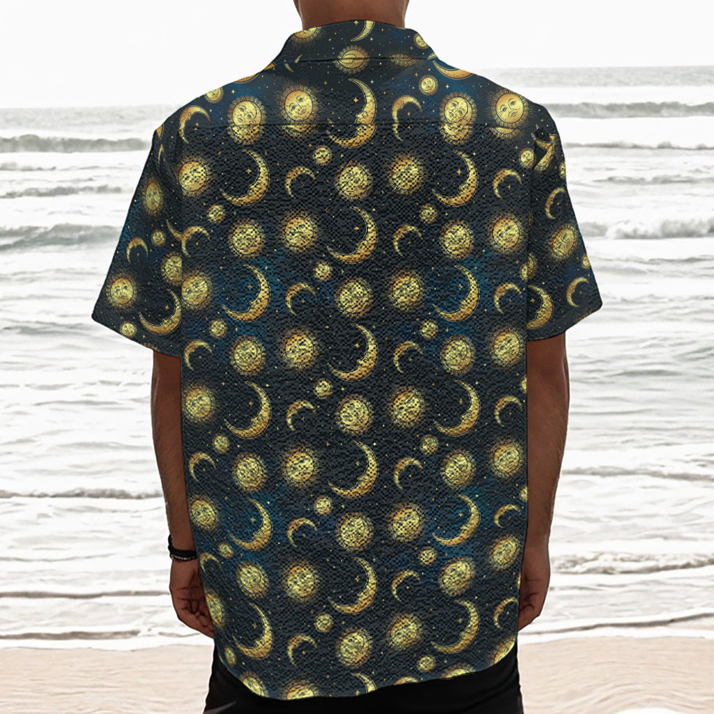 Vintage Moon And Sun Pattern Print Textured Short Sleeve Shirt