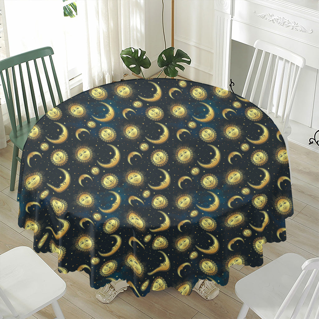 Vintage Moon And Sun Pattern Print Waterproof Round Tablecloth