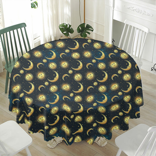 Vintage Moon And Sun Pattern Print Waterproof Round Tablecloth