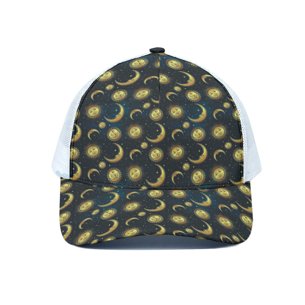 Vintage Moon And Sun Pattern Print White Mesh Trucker Cap