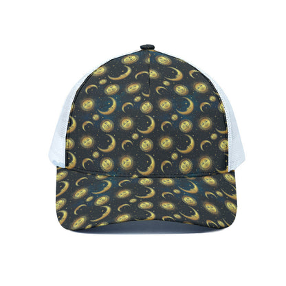 Vintage Moon And Sun Pattern Print White Mesh Trucker Cap