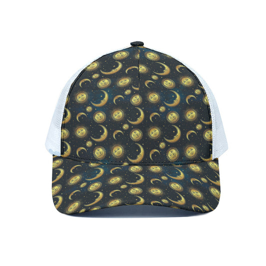 Vintage Moon And Sun Pattern Print White Mesh Trucker Cap