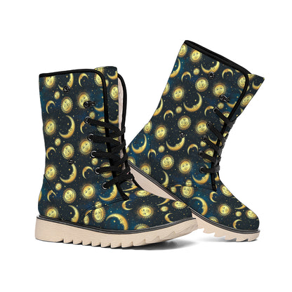 Vintage Moon And Sun Pattern Print Winter Boots