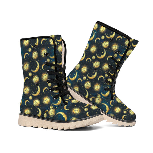 Vintage Moon And Sun Pattern Print Winter Boots