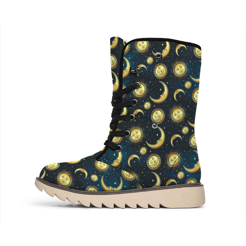 Vintage Moon And Sun Pattern Print Winter Boots