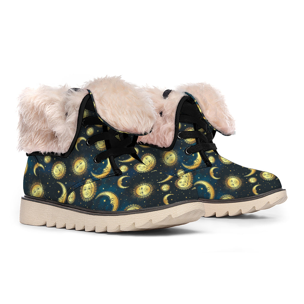 Vintage Moon And Sun Pattern Print Winter Boots