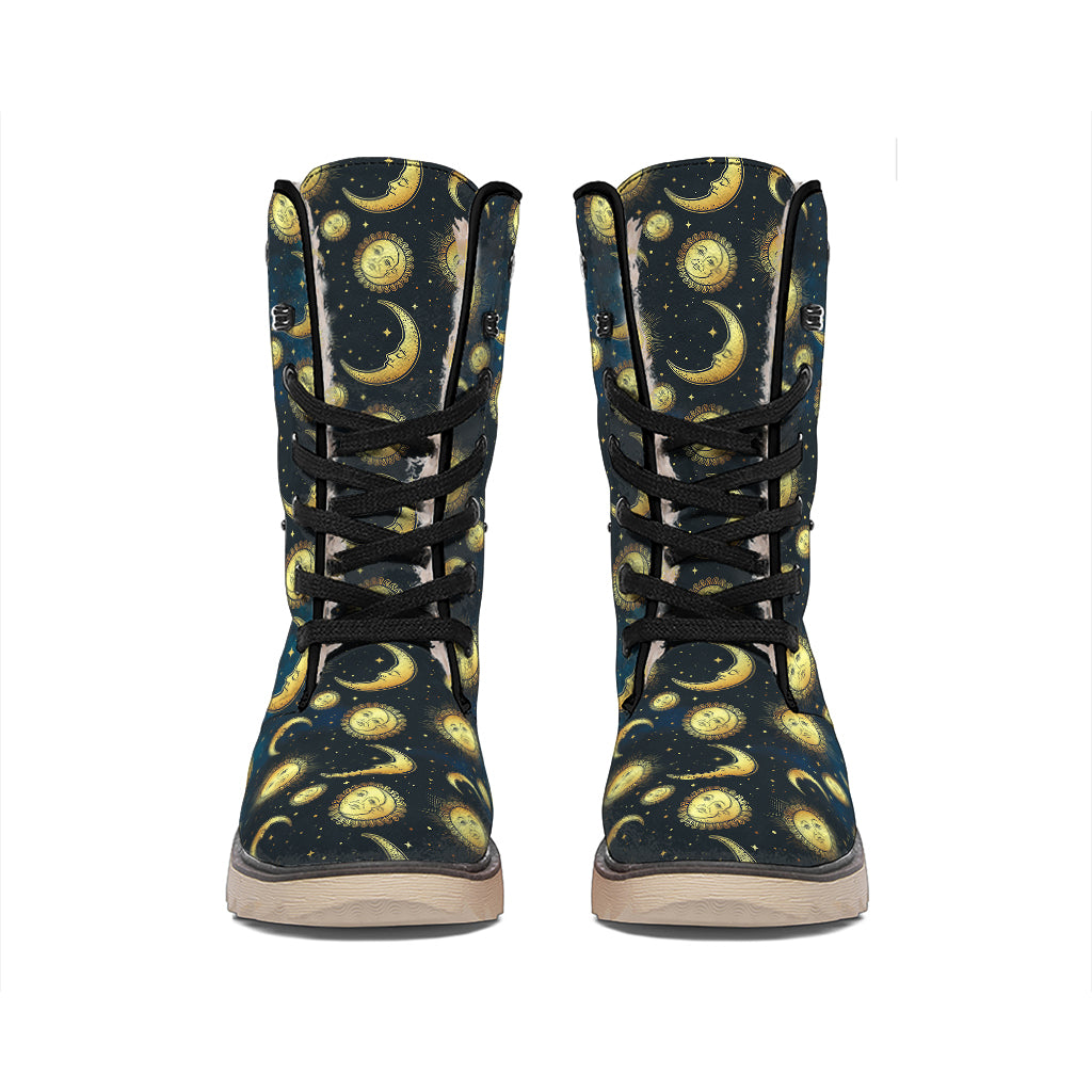 Vintage Moon And Sun Pattern Print Winter Boots