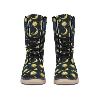 Vintage Moon And Sun Pattern Print Winter Boots