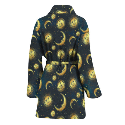 Vintage Moon And Sun Pattern Print Women's Bathrobe