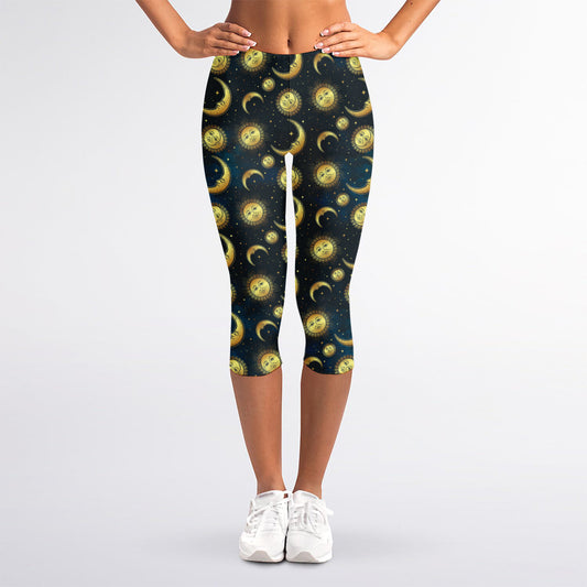Vintage Moon And Sun Pattern Print Women's Capri Leggings