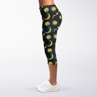 Vintage Moon And Sun Pattern Print Women's Capri Leggings