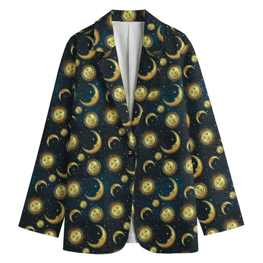 Vintage Moon And Sun Pattern Print Women's Cotton Blazer