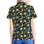 Vintage Moon And Sun Pattern Print Women's Polo Shirt