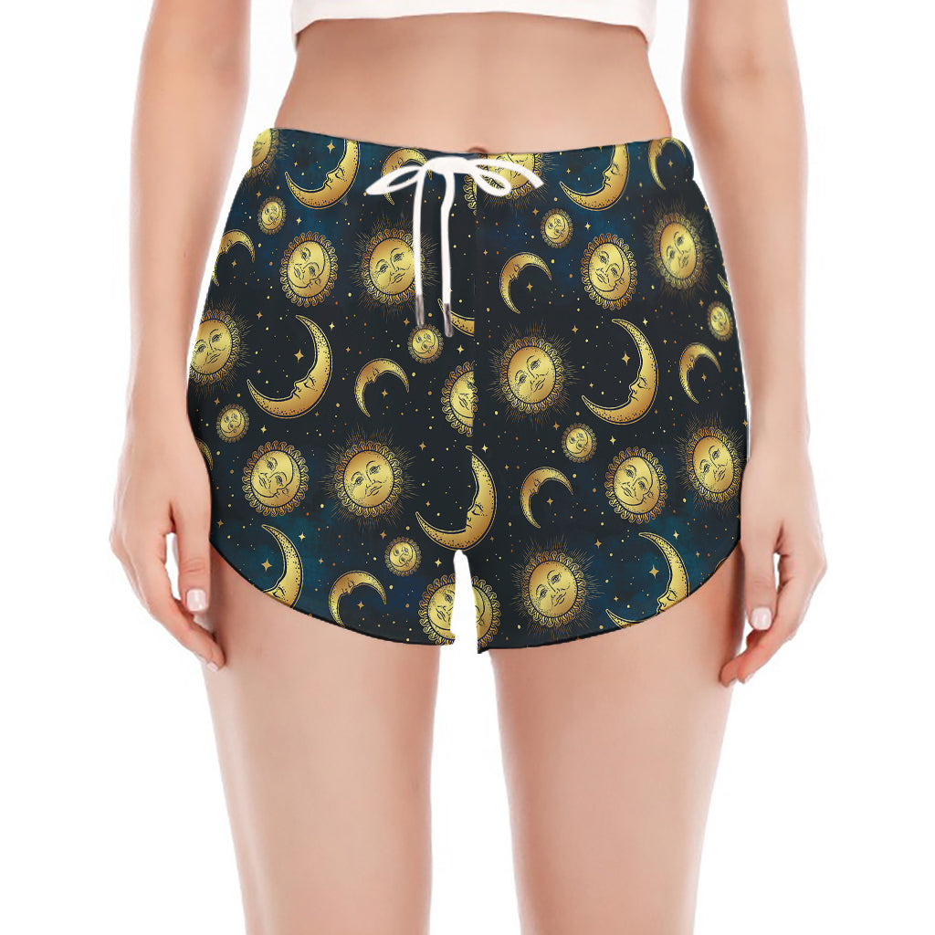 Vintage Moon And Sun Pattern Print Women's Split Running Shorts