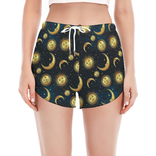 Vintage Moon And Sun Pattern Print Women's Split Running Shorts